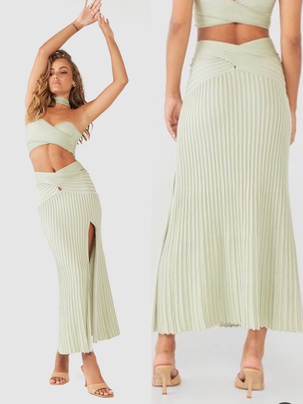 SOVERE glory knit ribbed Maxi Skirt with Front Slit - pistachio Light Green XS